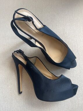 BCBG Max Azria Black Satin Slingback Heels | Size 8 | Stiletto Platform Pump